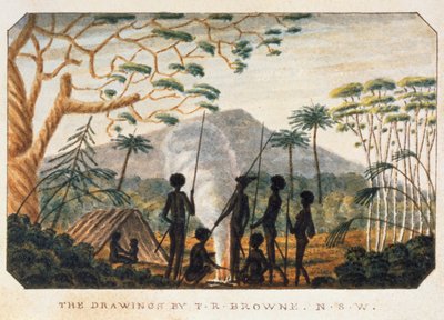 Groep aboriginals rond een kampvuur, 1813 door T.R. Browne